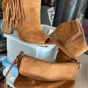 Tan fringed peep toe booties with free matching purse